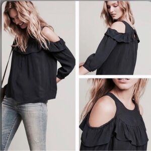 Maeve Anthropologie Cold Shoulder Top Black Ruffled Long Sleeve Blouse Size 6